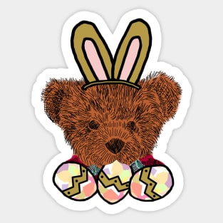 Happy Easter Bunny Ears on Teddy Bear Eating Easter Eggs Sticker